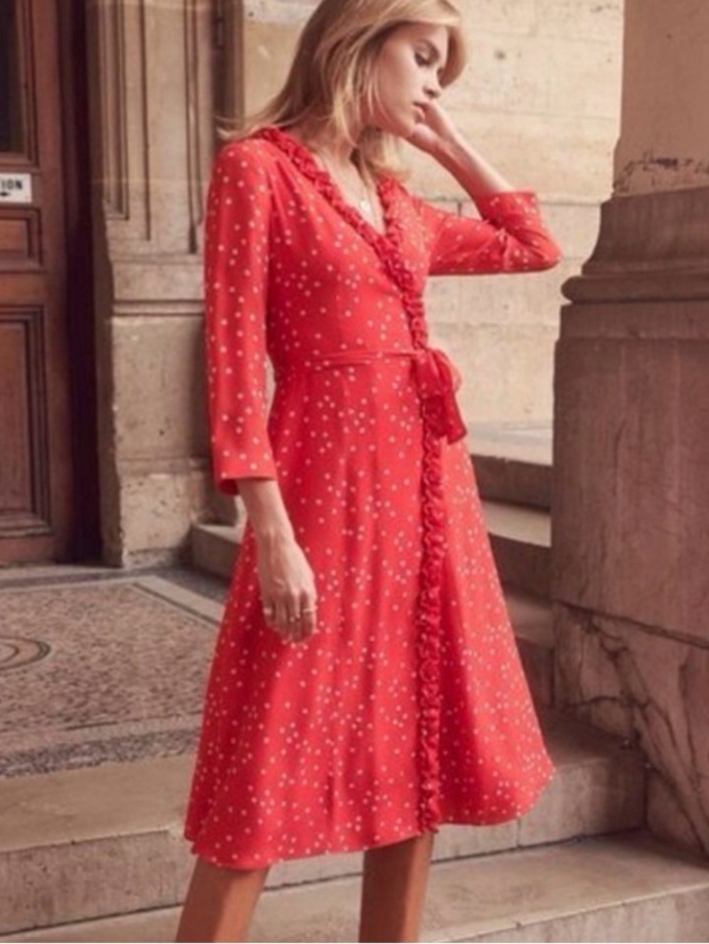 Sézane Betty Red Daisy Print 100% Silk Ruffle Midi Dress FR 42 US 10